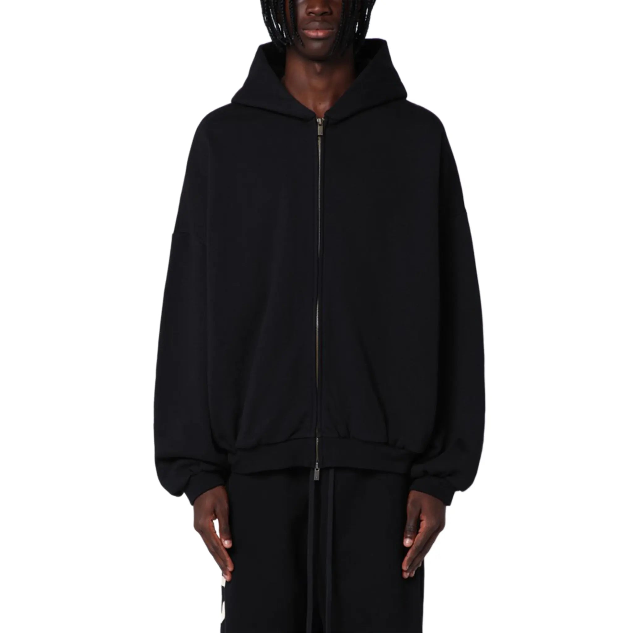 Front View of Fear Of God Essentials Heavy Fleece Black Zip-Up Hoodie (FW24) 192BT246240F